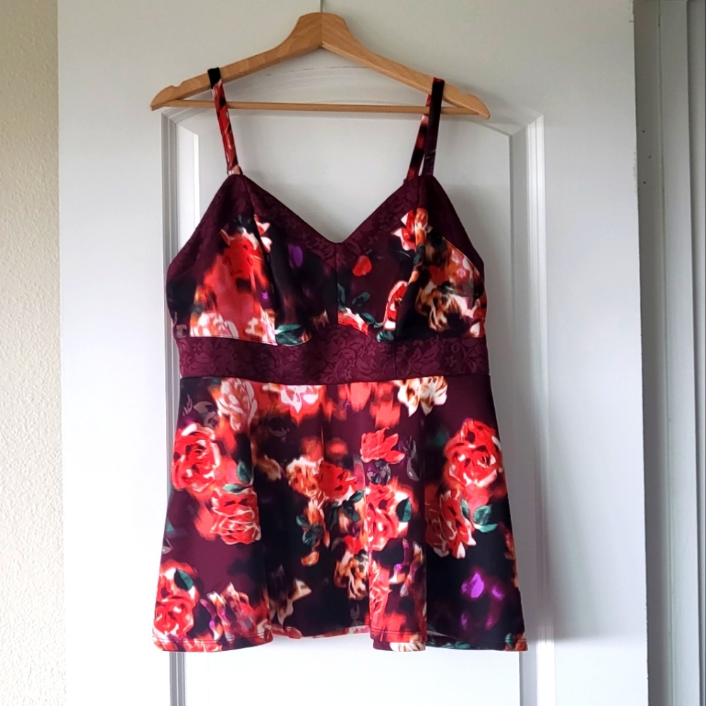 Burgundy Floral Scuba Knit & Lace Peplum Top